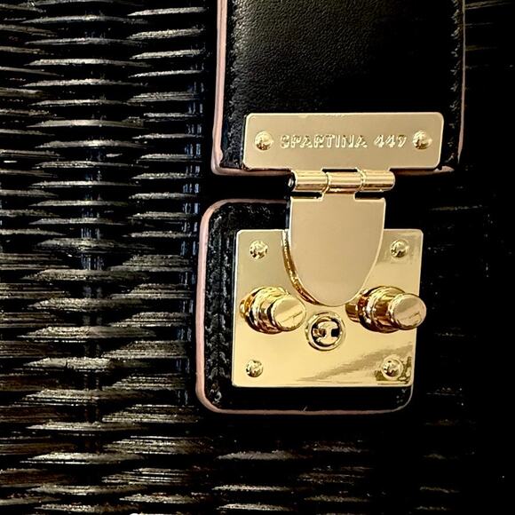 Spartina 449 Black Rattan Box Bag Leather Trim Gold Hardware Top Handle - Picture 11 of 16